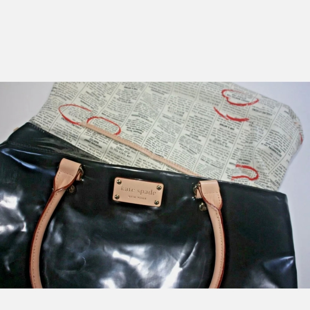 Kate Spade Black Patent Leather Trim Newspaper Print Lining Tote